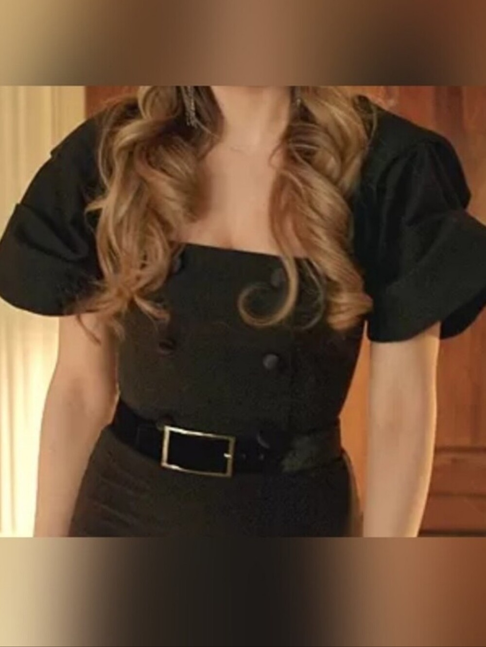 Black Puff-Sleeve Cropped Top with Button Detail